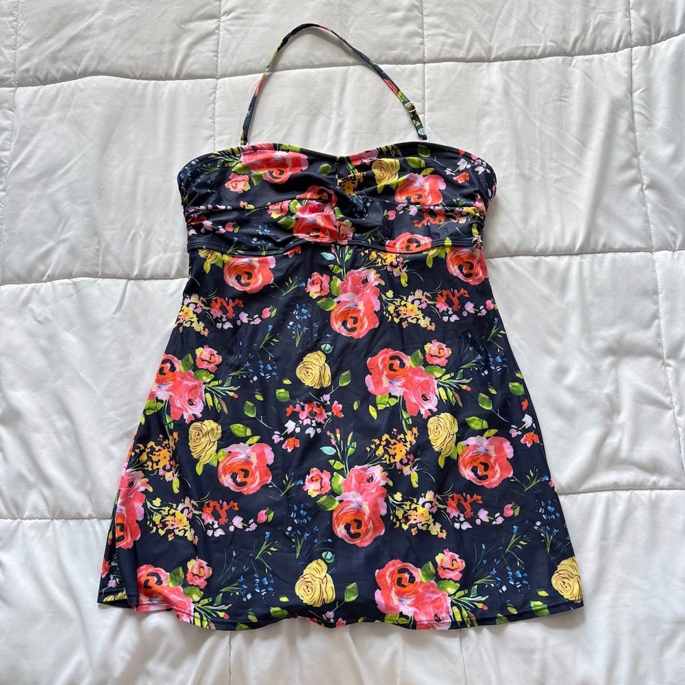 Floral Halter Swim Dress Navy Blue Rose Floral One Piece Swimsuit XL Resortwear